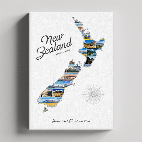 Een Nieuw-Zeeland-Collage op canvas met houten frame