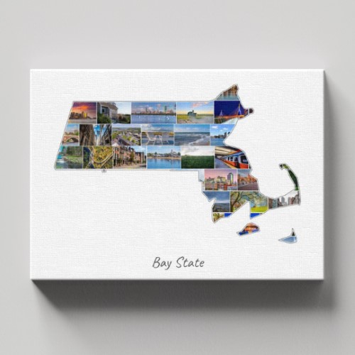 Een Massachusetts-Collage op canvas met houten frame