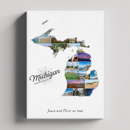 Een Michigan-Collage op canvas met houten frame