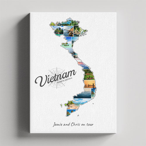 Een Vietnam-Collage op canvas met houten frame