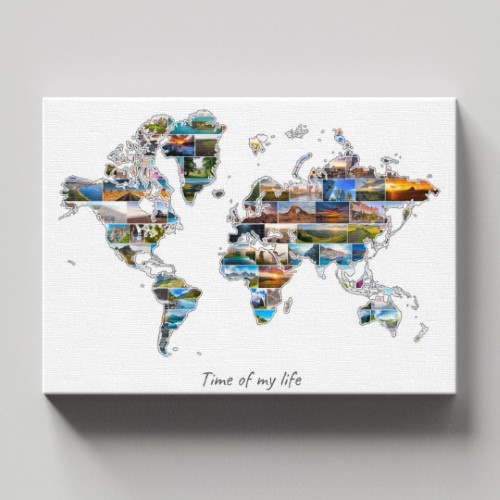 Een Wereld-Collage op canvas met houten frame